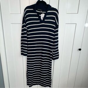 Casual Blue and White V-Neck Long Sleeve Sweater Dress